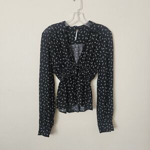 Free People Black V-Neck Floral Drawstring Peplum Top
